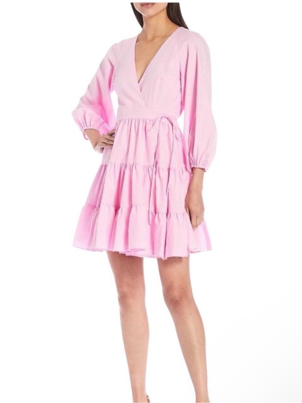 Gianni Bini Light Pink Tiered V-Neck Tie-Waist Dress